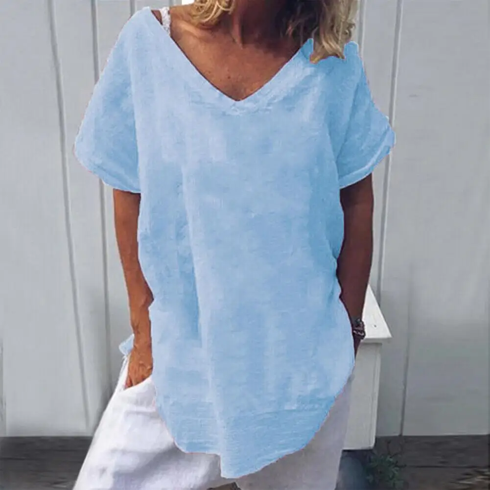 Cotton Linen Loose Women T-shirt V-Neck Batwing Short Sleeve Versatile Simple Solid Color Pullover Tunic Top Blouse Streetwear