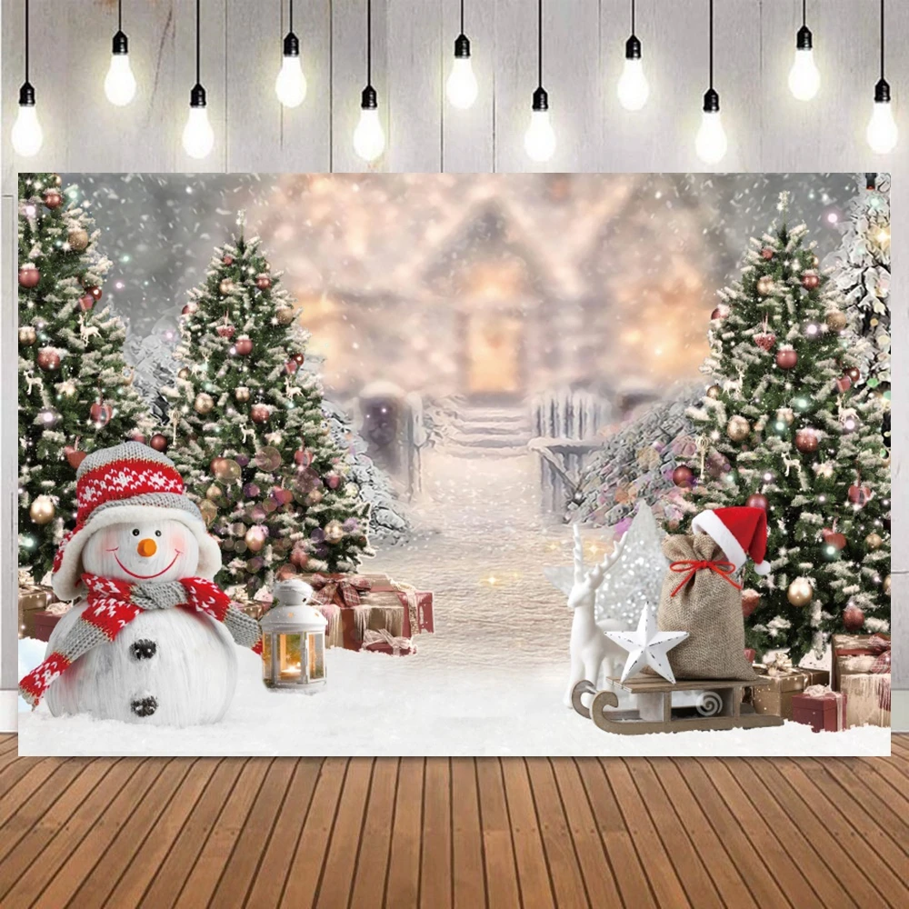 Winter Christmas Photography Backdrop Xmas Rustic Barn Wood Door Xmas Tree Snow Kids Adult Family Party Banner Decor Background