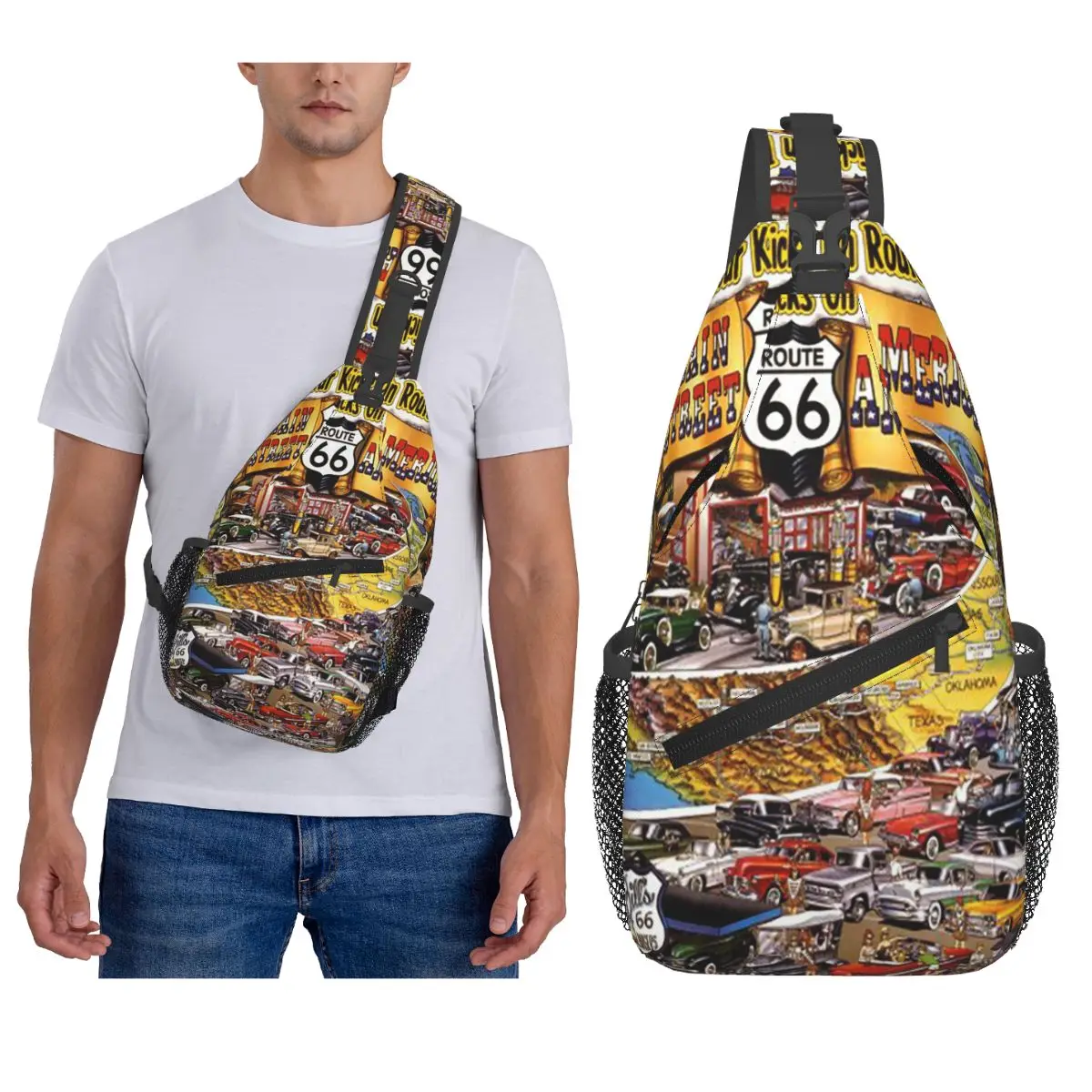 

Vintage US Route 66 Chest Bag Men Sling Crossbody Backpack Chest Bag Traveling Hiking Daypack Shoulder Bag