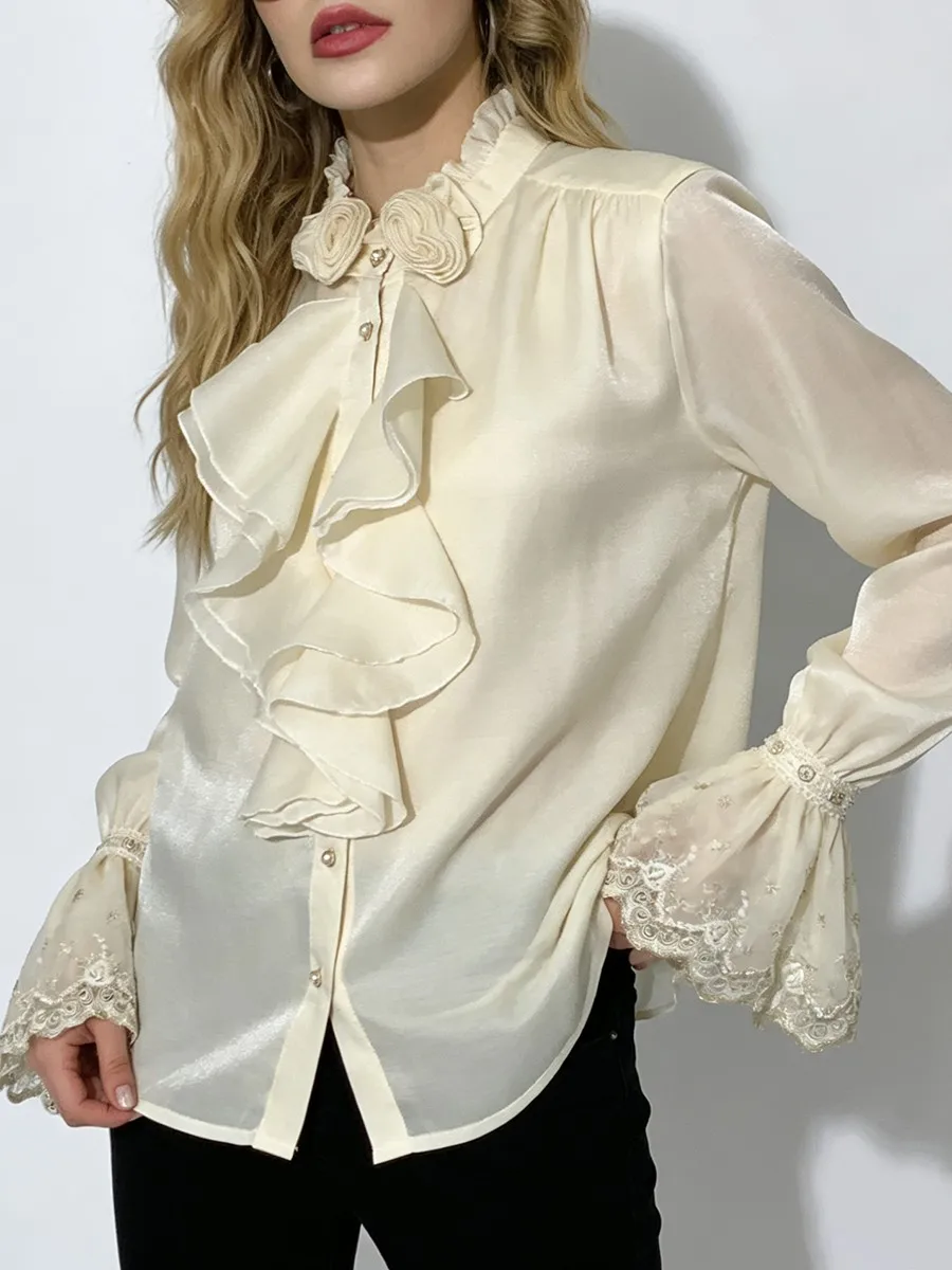 Volants en cascade 3D fleur chemises élégantes pour les femmes manches longues dentelle Patchwork décontracté hauts concepteur de mode chemises Blouses