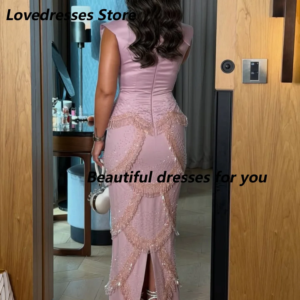 Customized Pink Satin Fold Collar Beaded Fringe Bow Mother Of The Bride Gown Waist  Mermaid Back Slit Wedding Guest Maxi Dress image 2