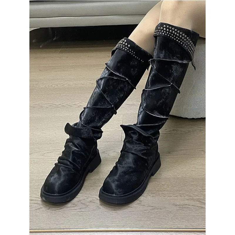 Distressed Studded Western Cowboy Botas Mujer Fashion Shoes Women Style Zapatillas De Mujer New Rock High Heels Runway Sneaker