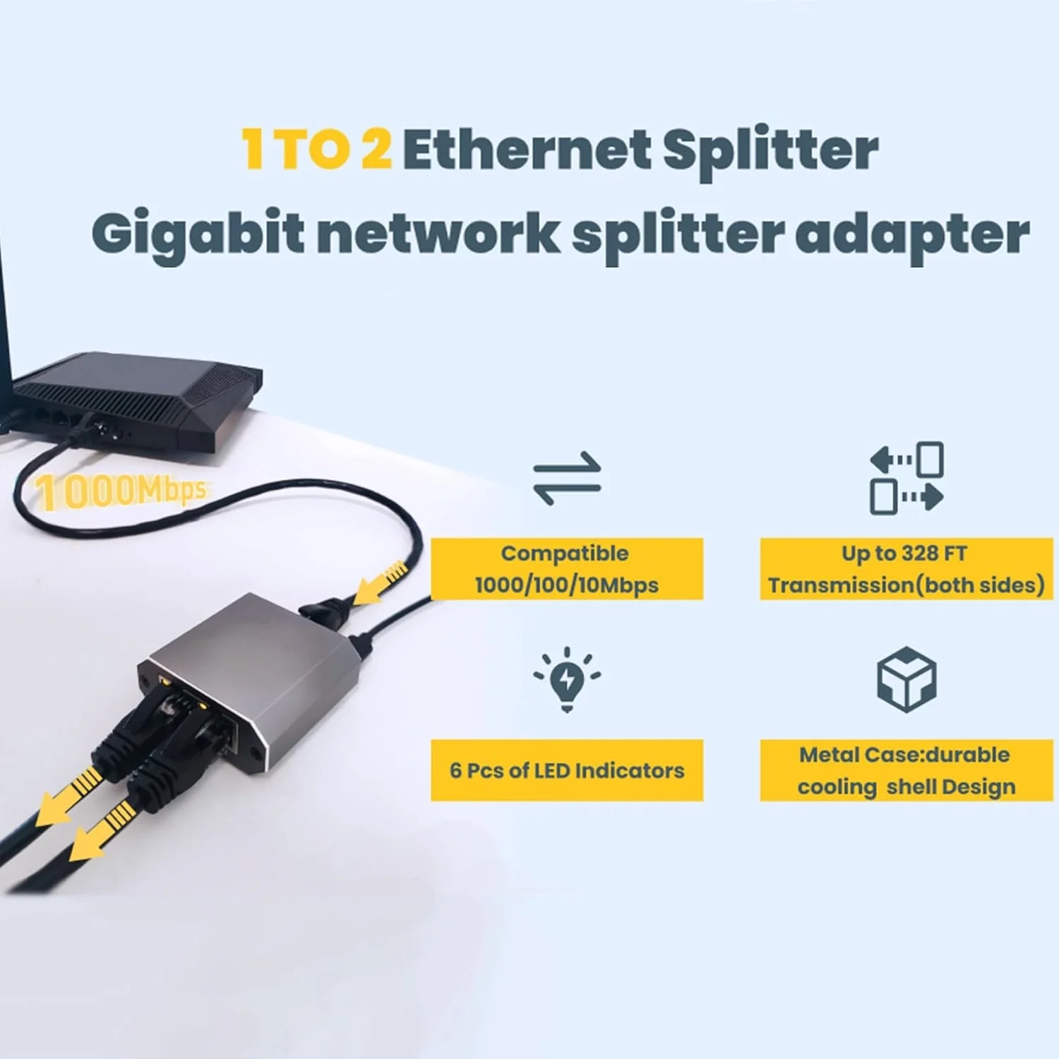 5PCS High Speed 1Gbps 1 To 2 Ethernet Splitter Hub USB Powered Cat6 Cat5 Dual Port Network Adapter