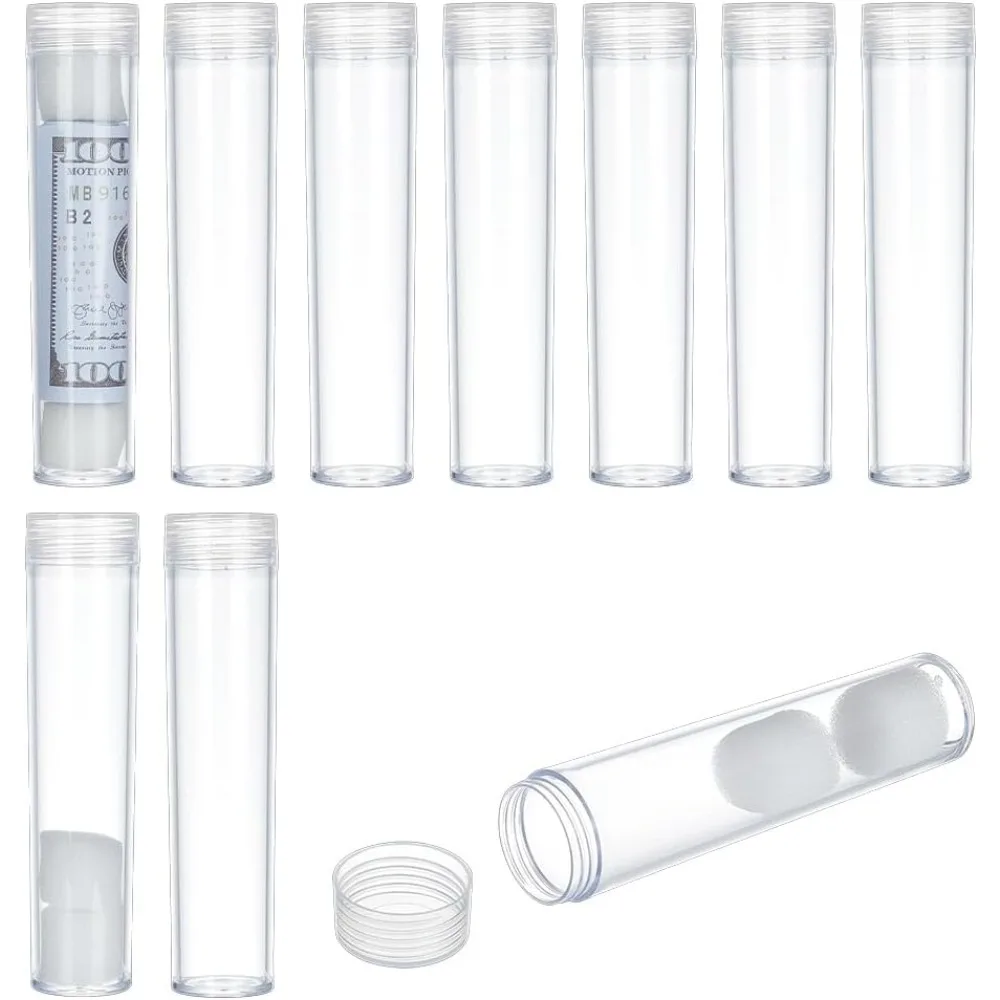 10 PCS Round Clear Coin Storage Tube 0.9inch Inner Diameter Plastic Coin & Paper Money Tube with Screw on Lid Coin Holders