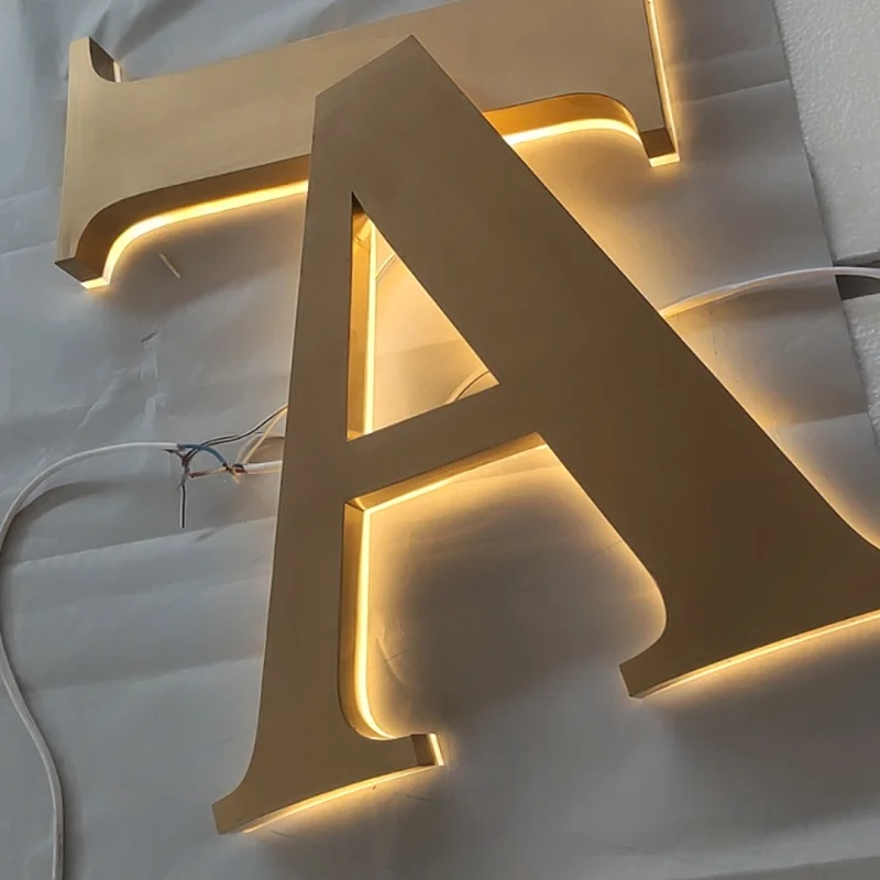 Custom Made Outdoor Achtergrondverlichting Gold Rvs Led Letters, Back Lit Winkel Business Logo Uithangbord