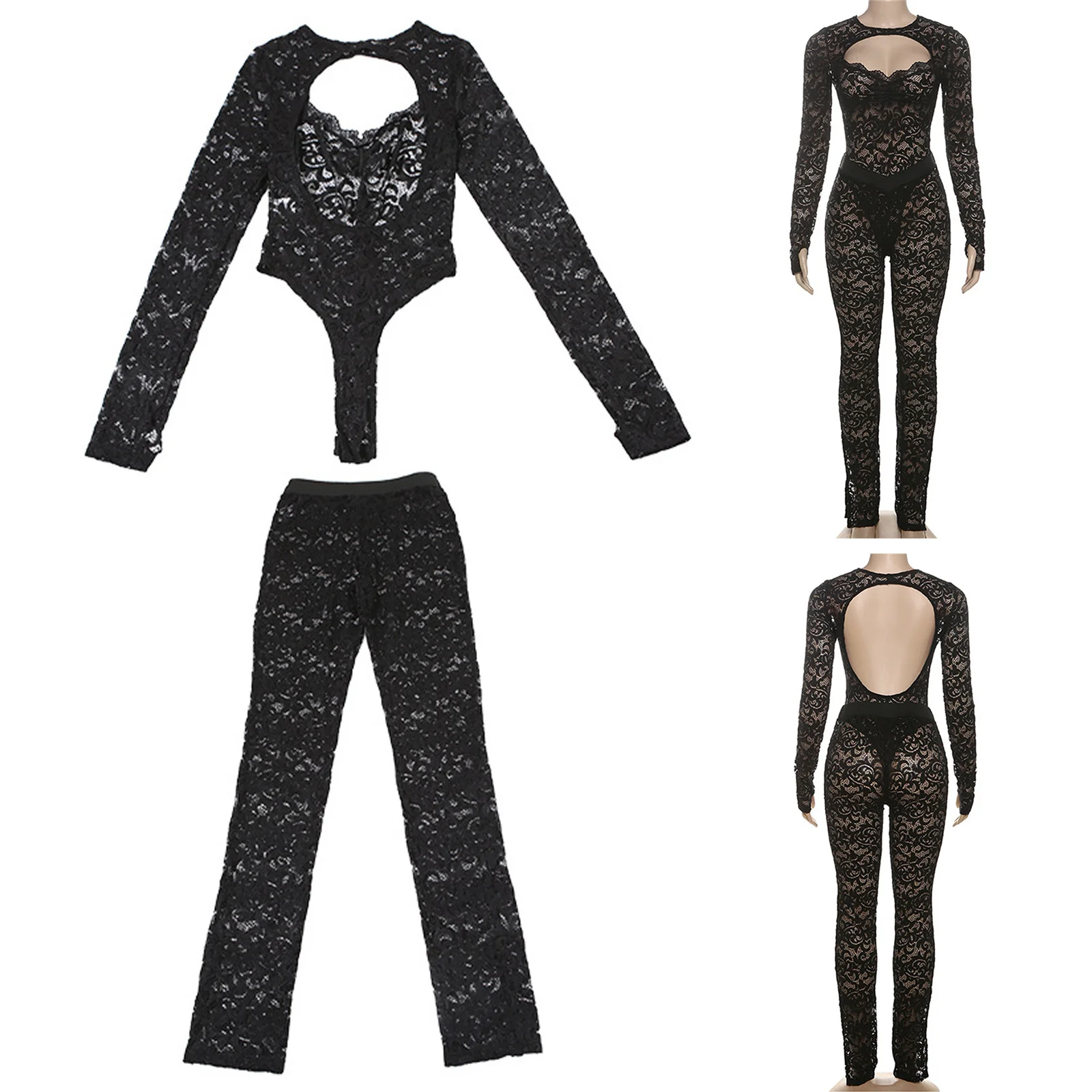 섹시한 여성 시스루 플로럴 레이스 의상 긴 소매 앞뒤 홀로우 바디콘 바디수트와 바지 세트 나이트클럽 레이브용