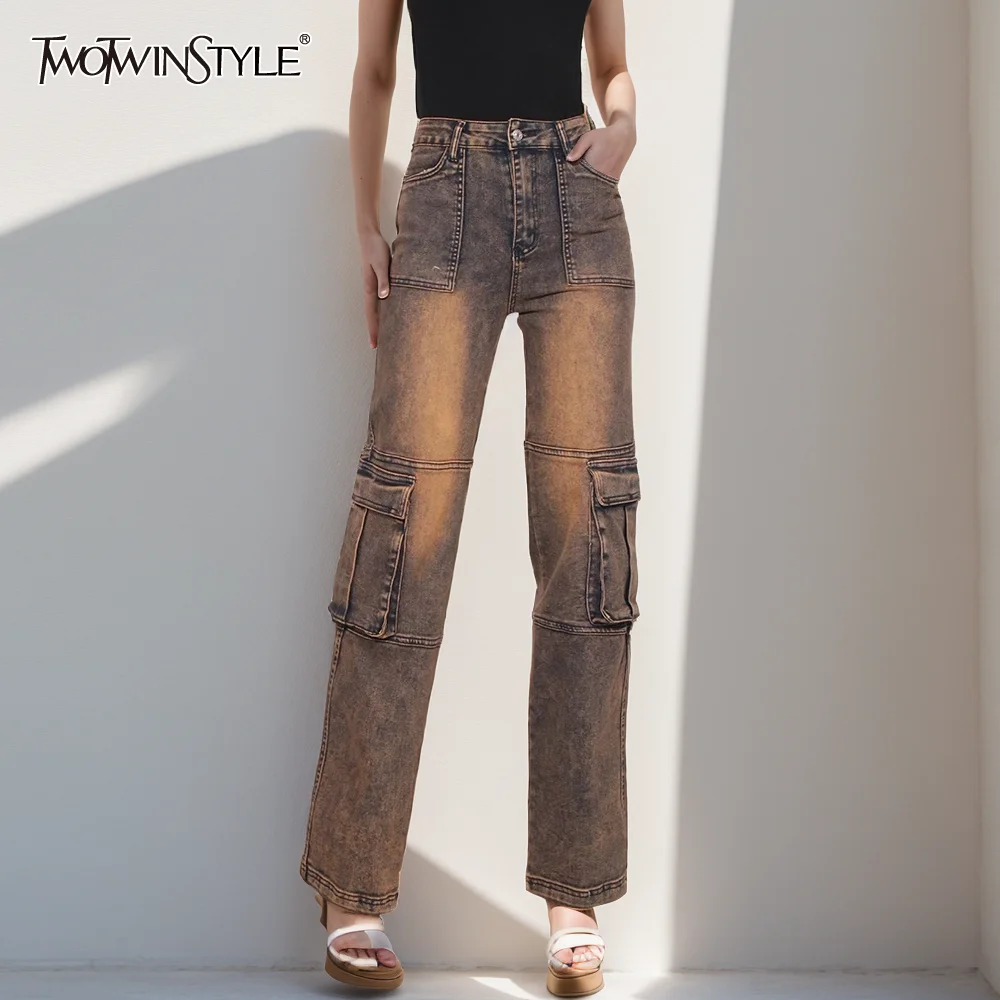

TWOTWINSTYLE Hit Color Patchwork Pocket Denim Pant For Women High Waist Spliced Button Loose Streetwear Cargo Jeans Female New