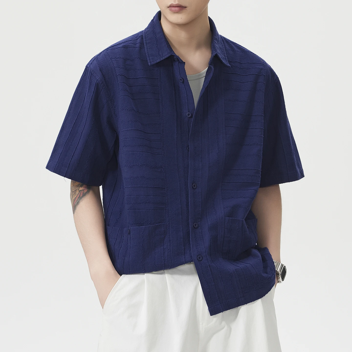 

Spring Summer Pure Cotton Striped Jacquard Shirt Men Japanese Streetwear Cityboy Fashion Loose Casual Short Sleeve Cargo Shirt