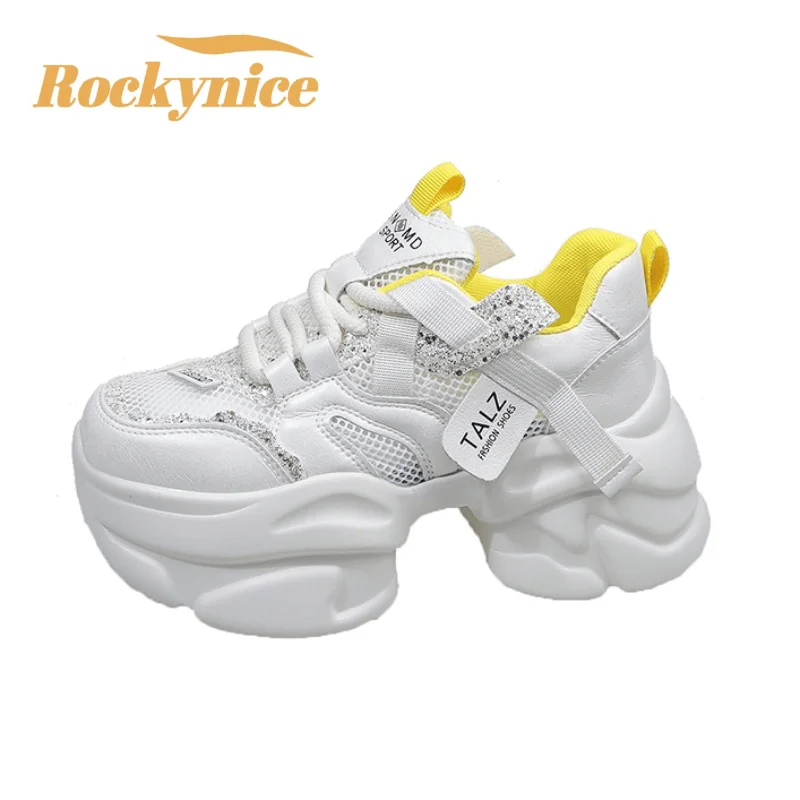 

НОВАЯ летняя блестящая повседневная обувь на высокой платформе, женские вулканизированные кроссовки на танкетке 8 см, женские кроссовки с дышащей сеткой, спортивная обувь для папы