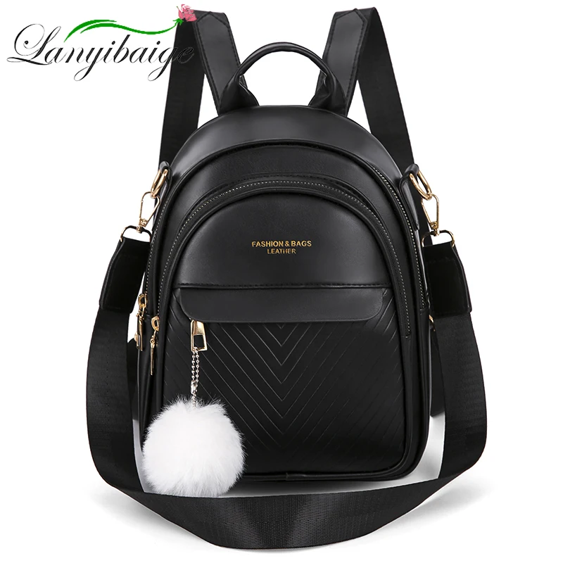 Three-layer Zipper Women\'s Backpack Fashion Hair Ball Pendant Girl Student School Bags Solid Color Casual Travel Ladies Backpack