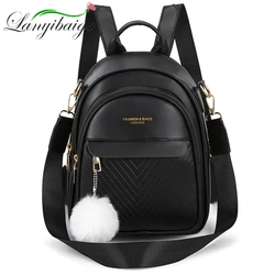 Three-layer Zipper Women's Backpack Fashion Hair Ball Pendant Girl Student School Bags Solid Color Casual Travel Ladies Backpack