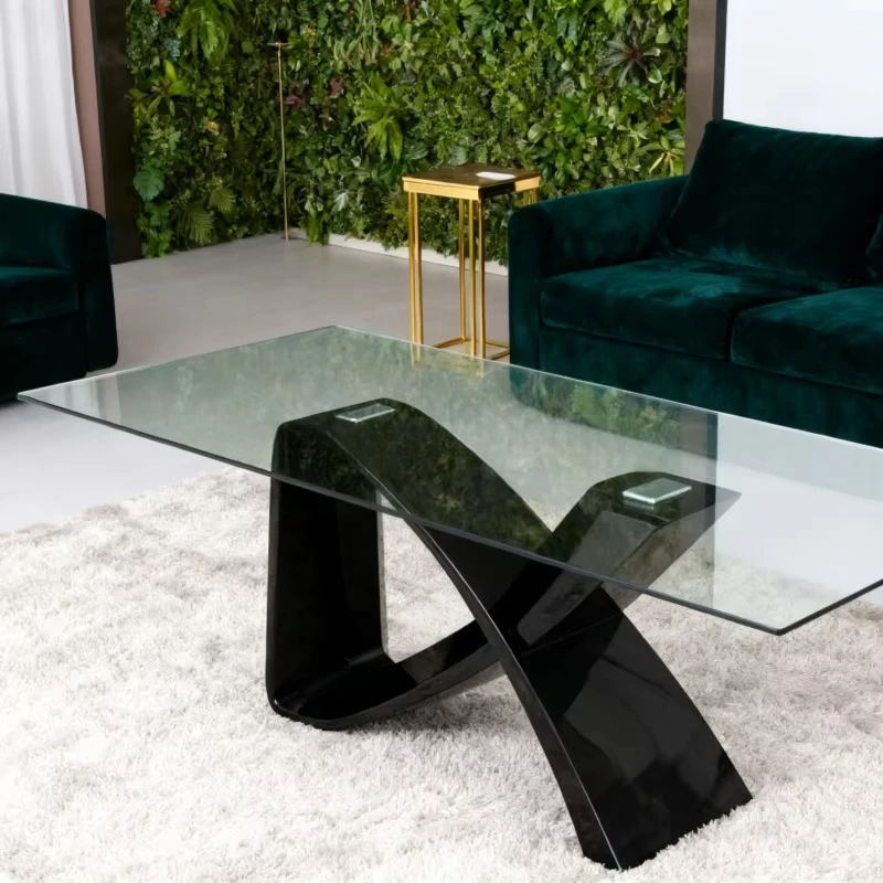 ⁕rModern FRP Dining Table Square Glass Dining Table with X Shaped Black FRP Base Stylish Sturdy for Luxurious Living Room