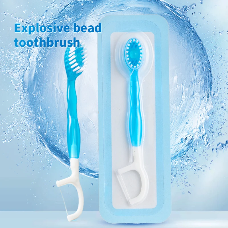5-in-1 Travel Toothbrush,Built-in Explosive Cleaning Beads,Pick,Floss,Tongue Scraper,Toothbrush–No Water Needed–Fresh Breath