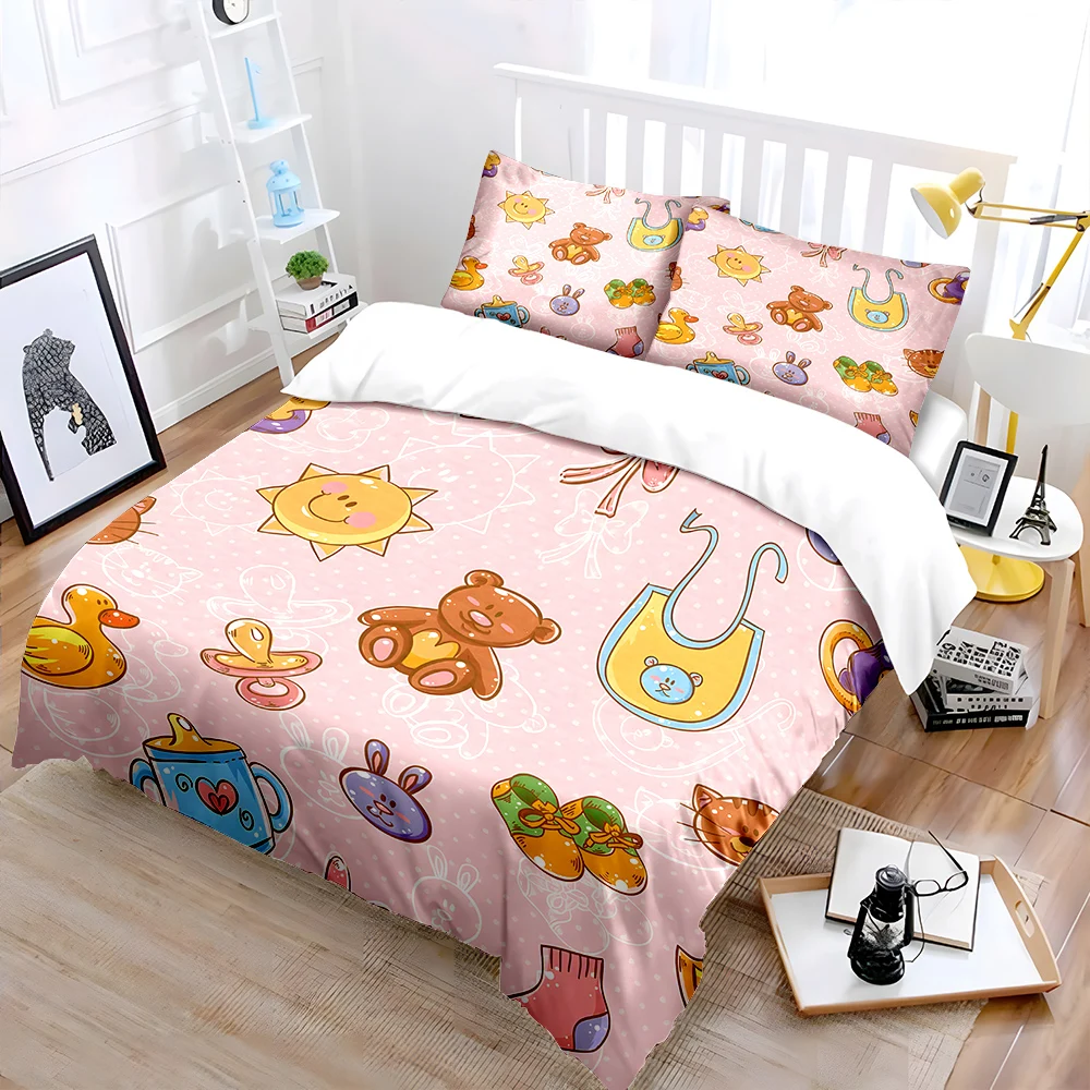 Cute baby products and animal illustrations Print Bedding Set 1Duvet Cover 2Pillowcases for Adult Children Luxury Gift Full Size