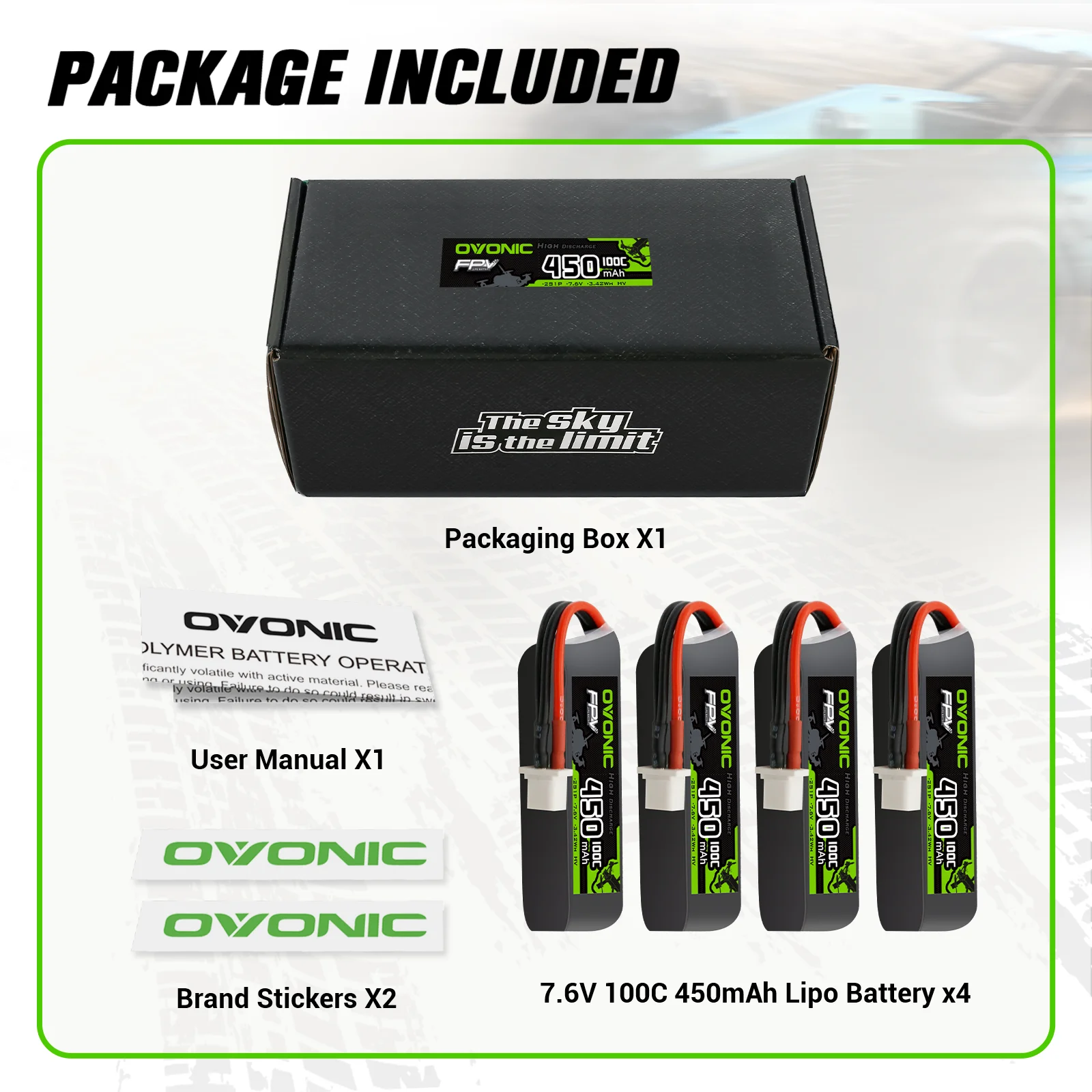 OVONIC 2S LiHV LiPo Battery 7.6V 450mAh 100C 2S1P Soft‑Case 4‑Pack with BT3.0 Plug for 2S Tinywhoop Brushless Quadcopter Micro FPV Drone - view 6