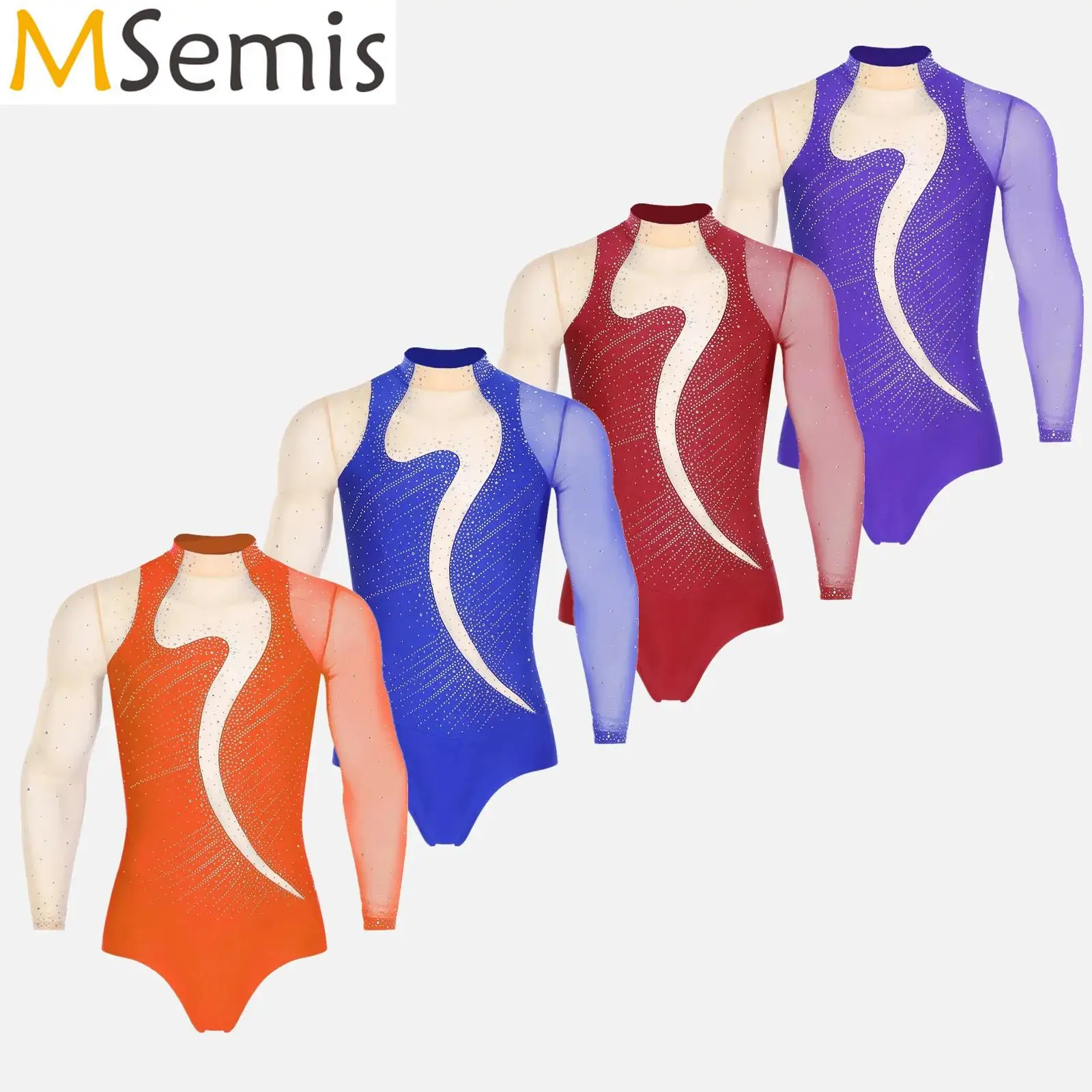 

Mens Gymnastics Ballet Jersey Artistic Figure Skating Dance Performance Costume Training Jumpsuit Shiny Rhinestones Bodysuit
