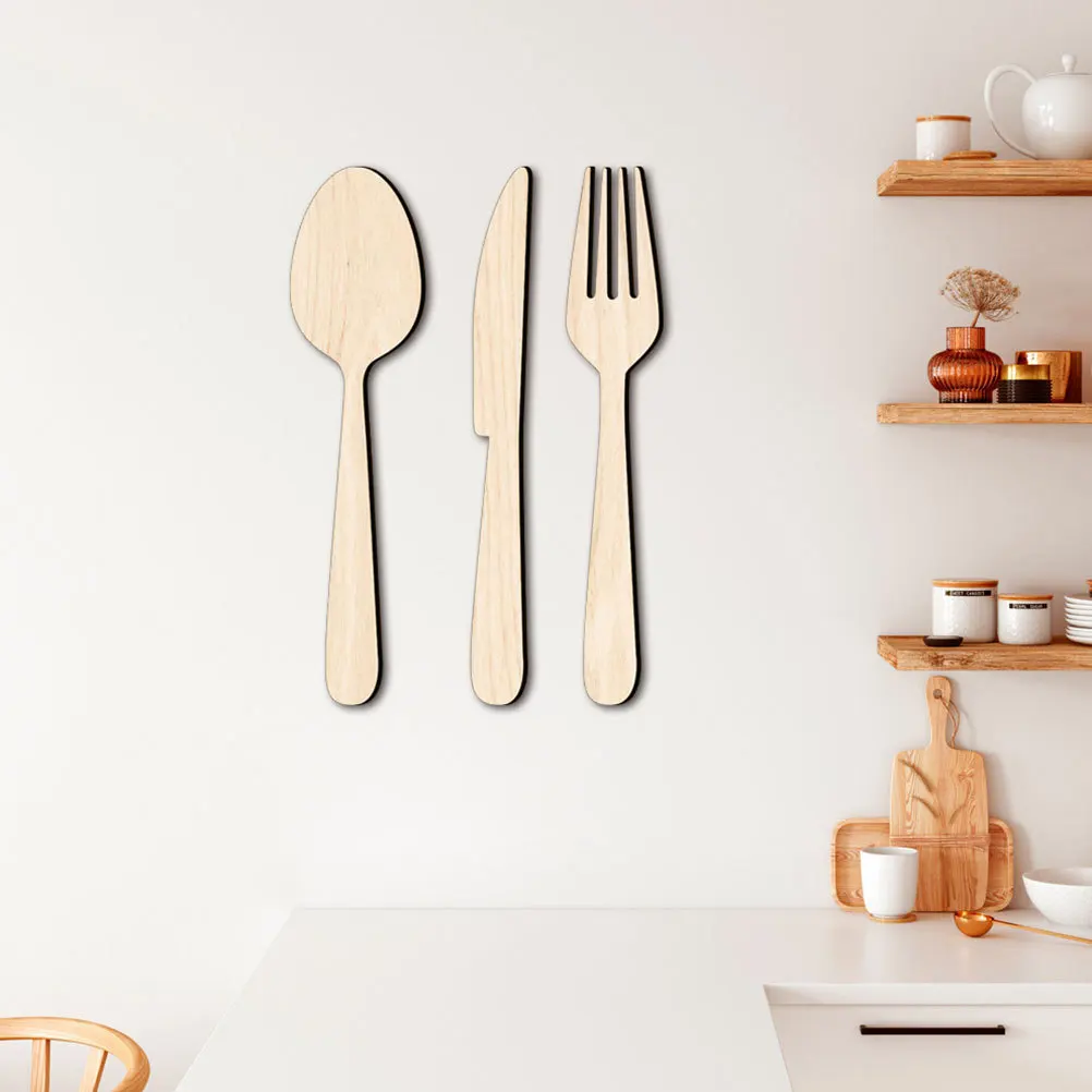 

1Set Rustic Kitchen Wall Decor Wooden Fork Spoon Knife Signs Farmhouse Style Easy to Catch Eyes Simple Elegant