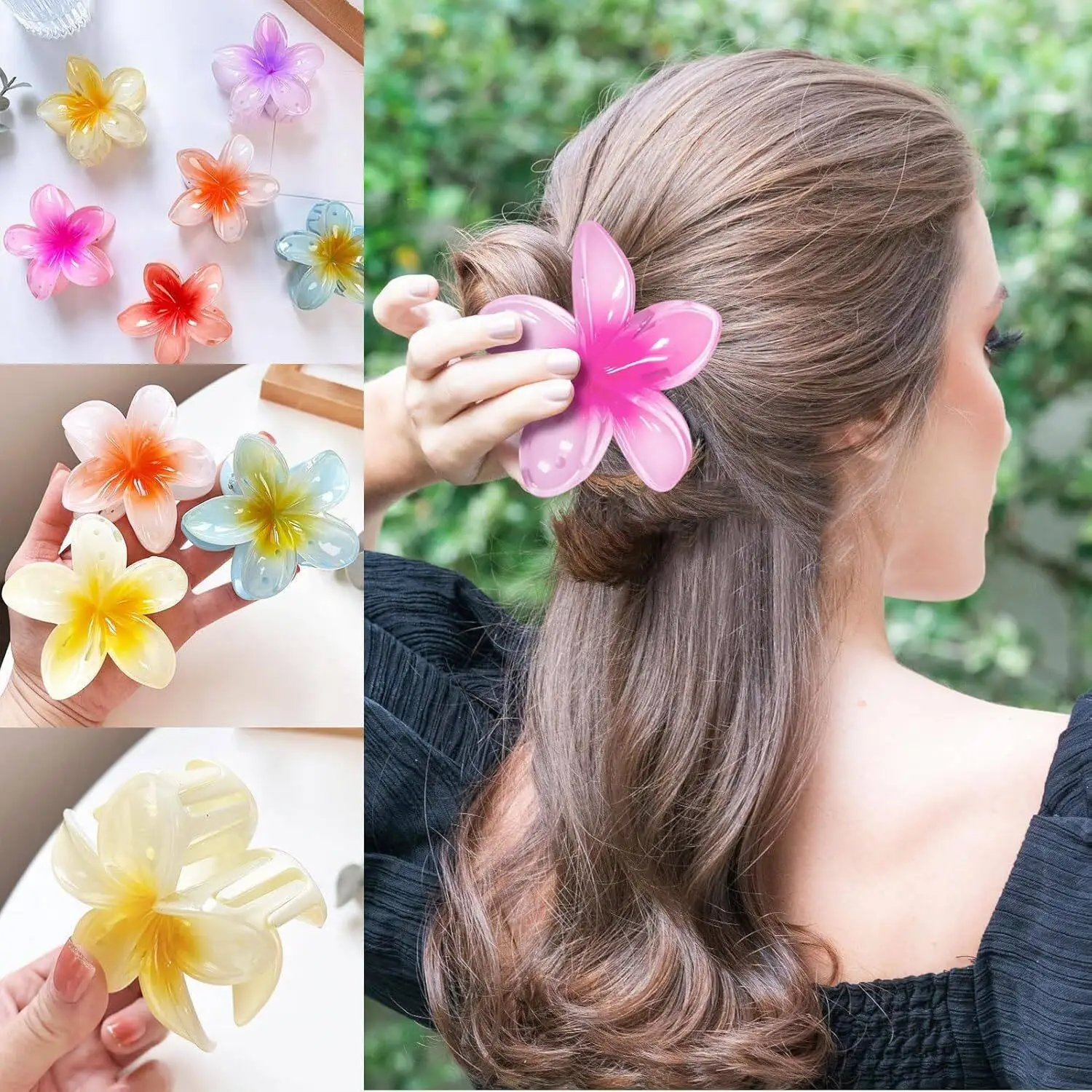 6 قطع من مخالب بلوميريا الأنيقة من الأكريليك، مشابك شعر هاواي كبيرة ملونة للنساء، قبضة قوية لحفلات الزفاف والحفلات والشاطئ،