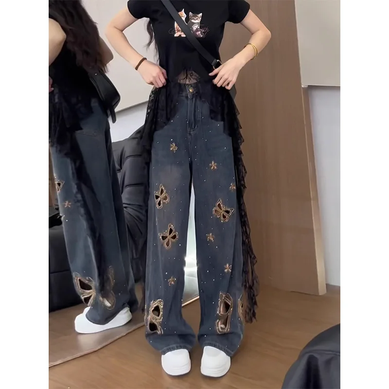 2026 Summer Design Butterfly Hollow Embroidered Jeans Women's Summer Thin Retro Hot Diamond Wide-leg Straight Mopping Pants