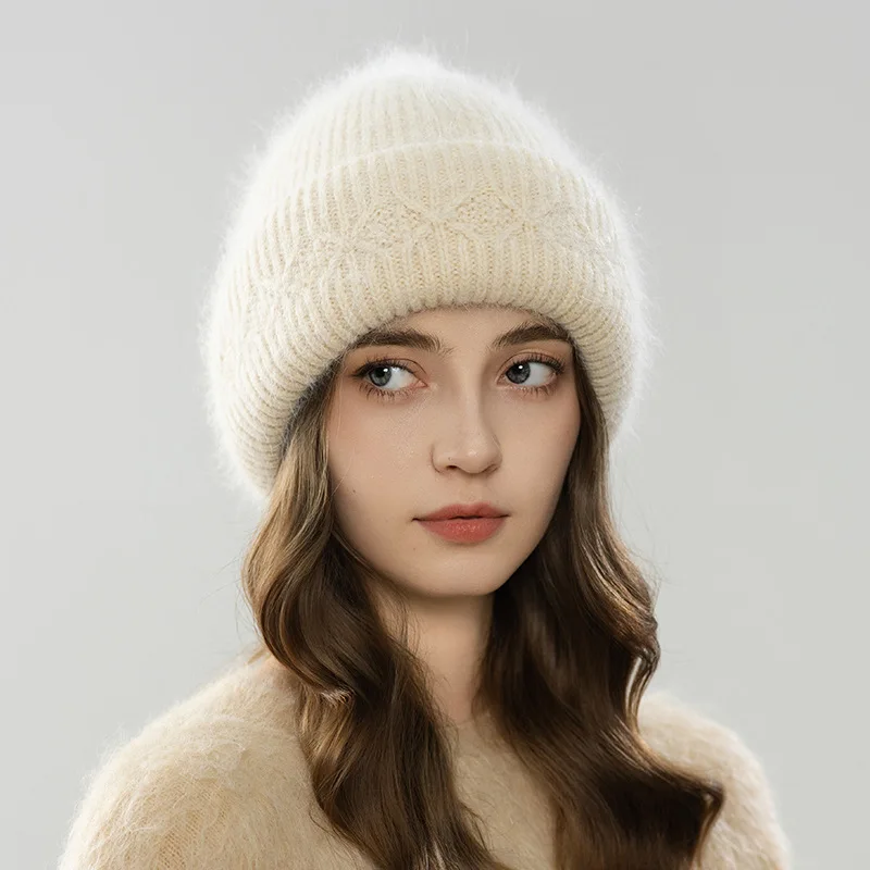 

Winter Angora Hat Women Knit Double Layers Thick Soft Warm Accessory For Skiing Autumn Outdoor Sports Cycling