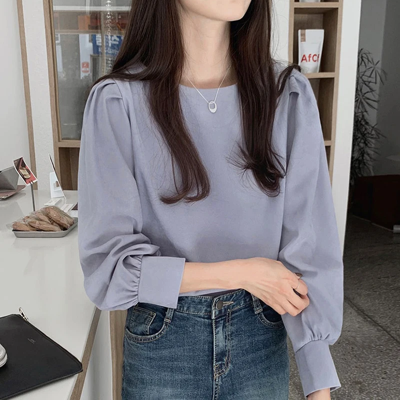 Bubble ample Sve Chiffon irt Sle pour femmes Début du printemps Nouvelle version coréenne Casual Chic Humeur Mist Blue Long Sve rond...