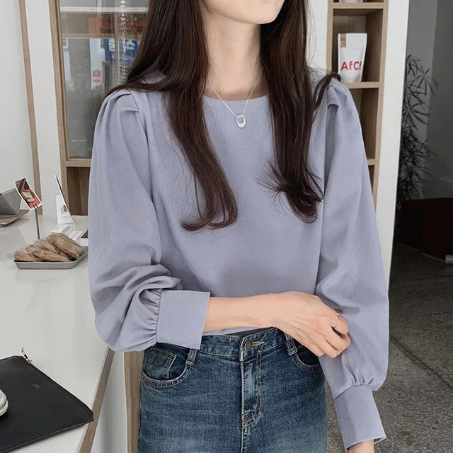 Loose Bubble Sve Chiffon irt Women's Sle Early Spring New Faion Korean Loose Fit Casual Mood Blue Color Pure Pattern