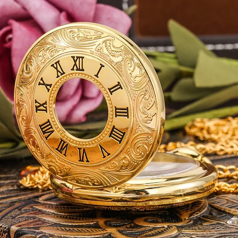 Reloj de bolsillo dorado de lujo con caja de números romanos tallada, reloj hueco para hombres y mujeres, reloj con movimiento de cuarzo, cadena para suéter