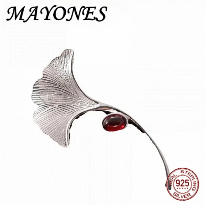 

Брошь из стерлингового серебра S925 для женщин, минималистичный кулон-лист гинкго с гранатом, булавка для галстука, украшение-корсаж