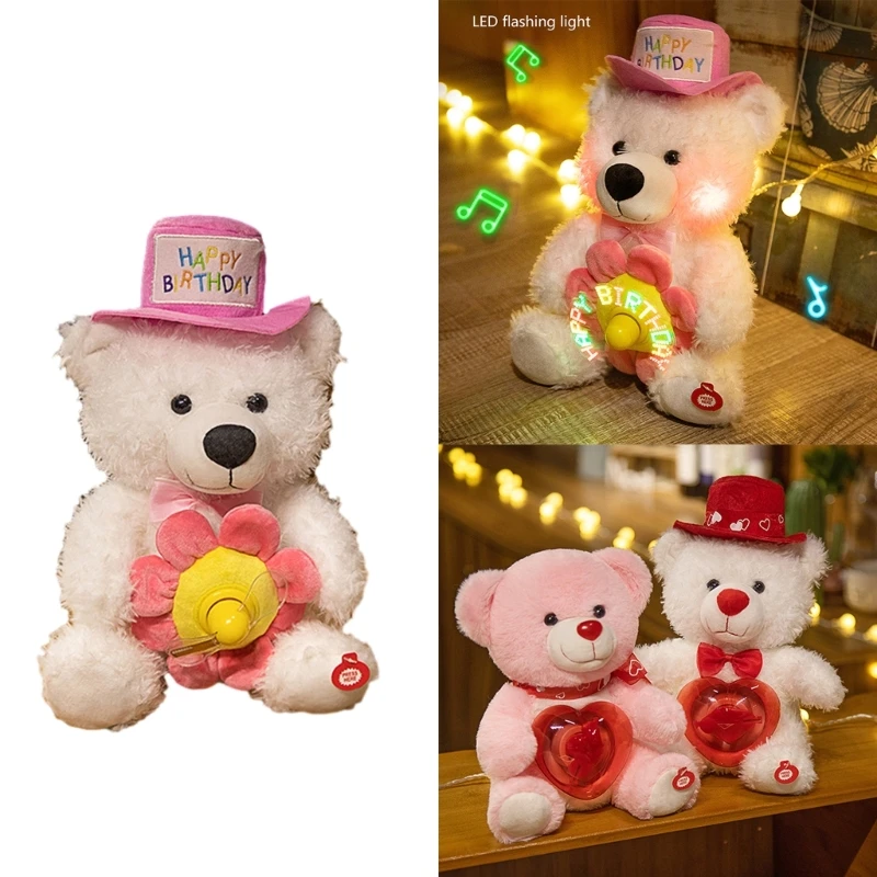 Urso Cantor Interativo Brinquedo Pelúcia para Crianças LED Musical Boneca Pelúcia para Namorada Aniversário Presente