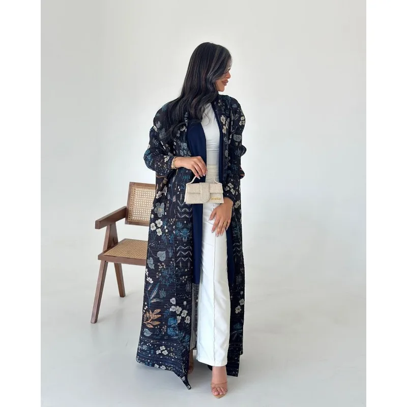 Women Abaya Vintage Printed Original Design Lapel Long Sleeved Cardigan Loose Big Collar Tied Arabian Female Luxury Abaya 2025