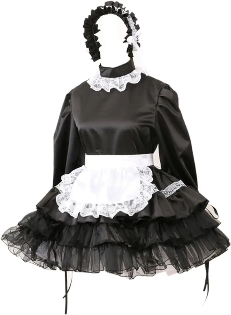 

Black Smooth Satin Patchwork White Lace Middle Tie Hair Clip Long Sleeved Dress Independent Apron