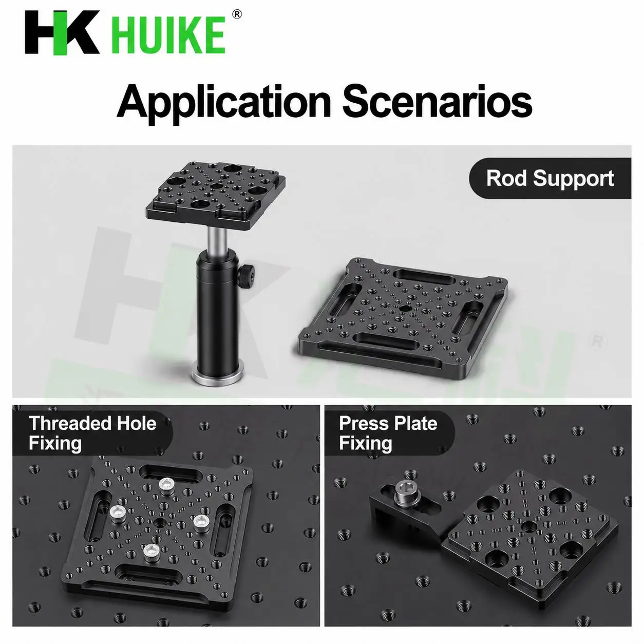 Universal adapter plate for linear stages compatible with optical boards featuring M3-6 threaded holes countersunk M6 holes