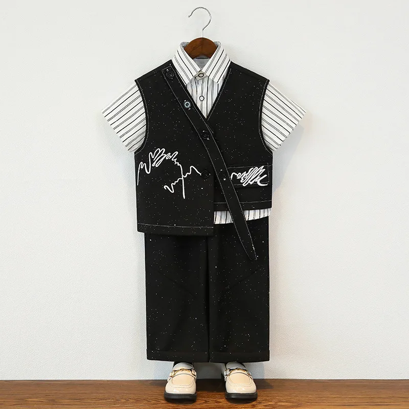 Retro Starry Sky Suit for Children Vest Set for Boys Birthday Party Tuxedo Beige Elegance Kids, Wedding Piano Performance Outfit