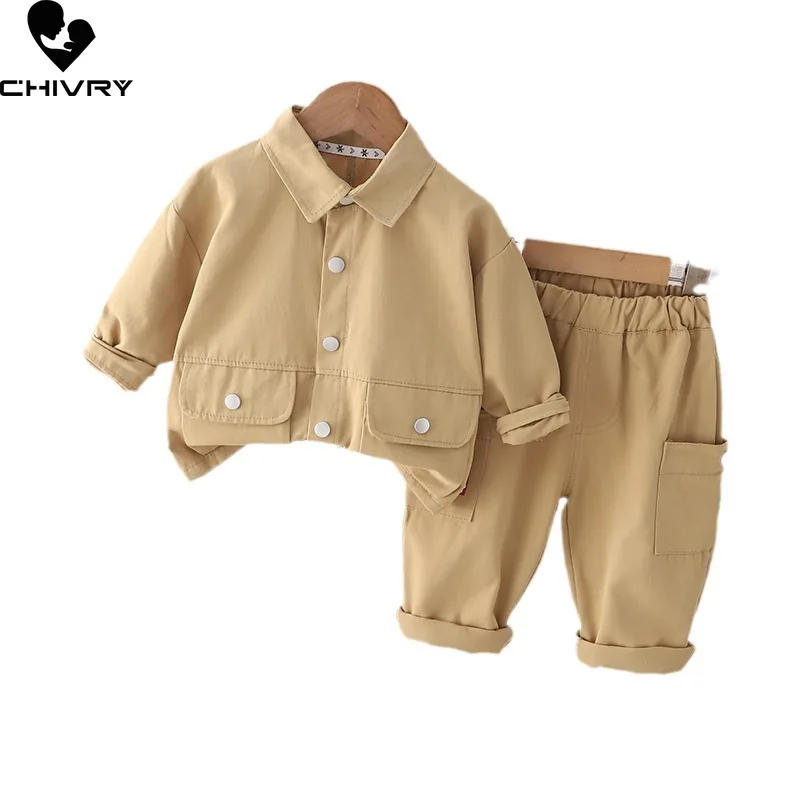 New 2023 Kids Baby Spring Autumn Fashion Solid Lapel Long Sleeve Pocket Jacket Tops with Pants Boys Casual Clothing Sets