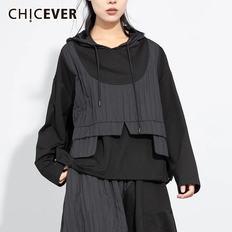 CHICEVER Streetwear Casual Hoodies For Women Long Sleeves Patchwork Drawsring Design Loose Fashion Sweateshirt Female Autumn New