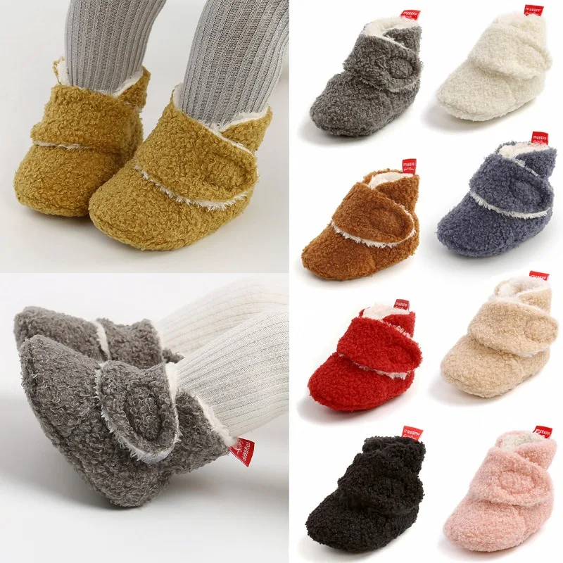 

Baby cotton shoes plush solid color cartoon baby shoes soft soles for warmth toddler shoes autumn and winter plush