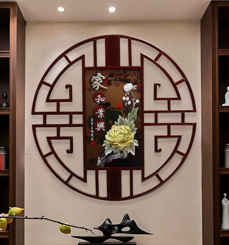 Entrance round decorative painting: Five Blessings at the Door, solid wood, 'Fu' character corridor hanging painting
