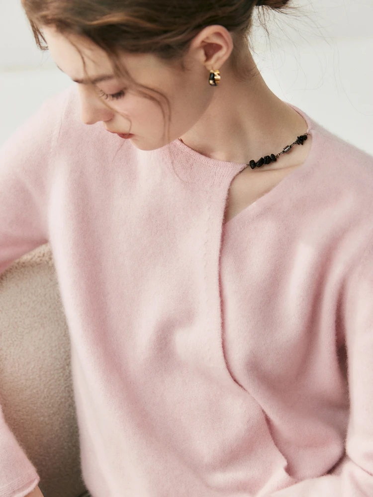 

TLOML Women's 100% Cashmere Sweater Asymmetric Cross Collar Pullover Office Lady Cashmere Knitwear Luxury Series Soft Warm Tops