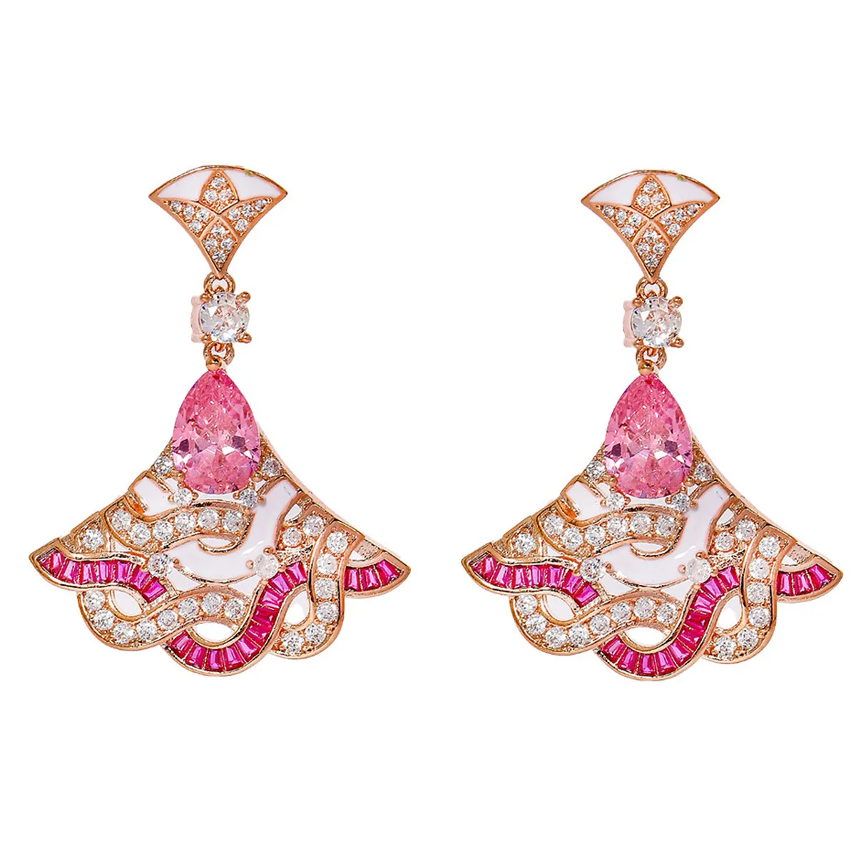 

2025 new classy earrings pink fan shaped pendant luxury jewelry evening party wedding bridal earrings zircon lovely gift female