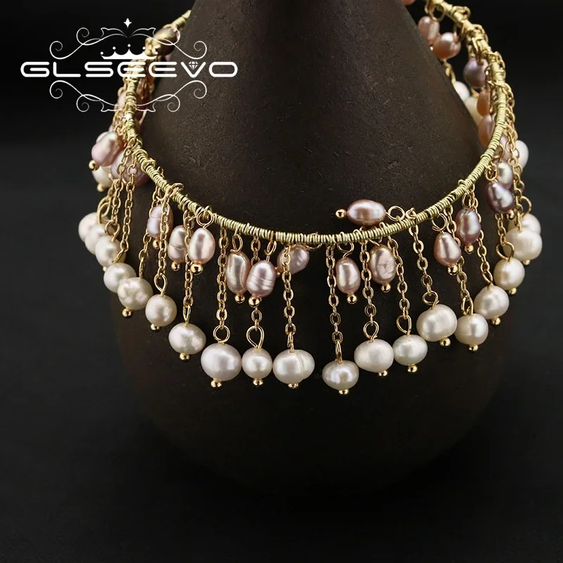 GLSEEVO 100% Natural Tahitian White Pink Pearls Tassel Bracelet Luxury Fashion Retro Medieval Fine Jewelry Christmas Gifts