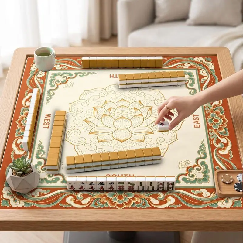 VIKAMA New Chinese Lotus Cloud Mahjong Mat Non Slip Shock Absorb Soft Square Pad Washable Four Direction Marked