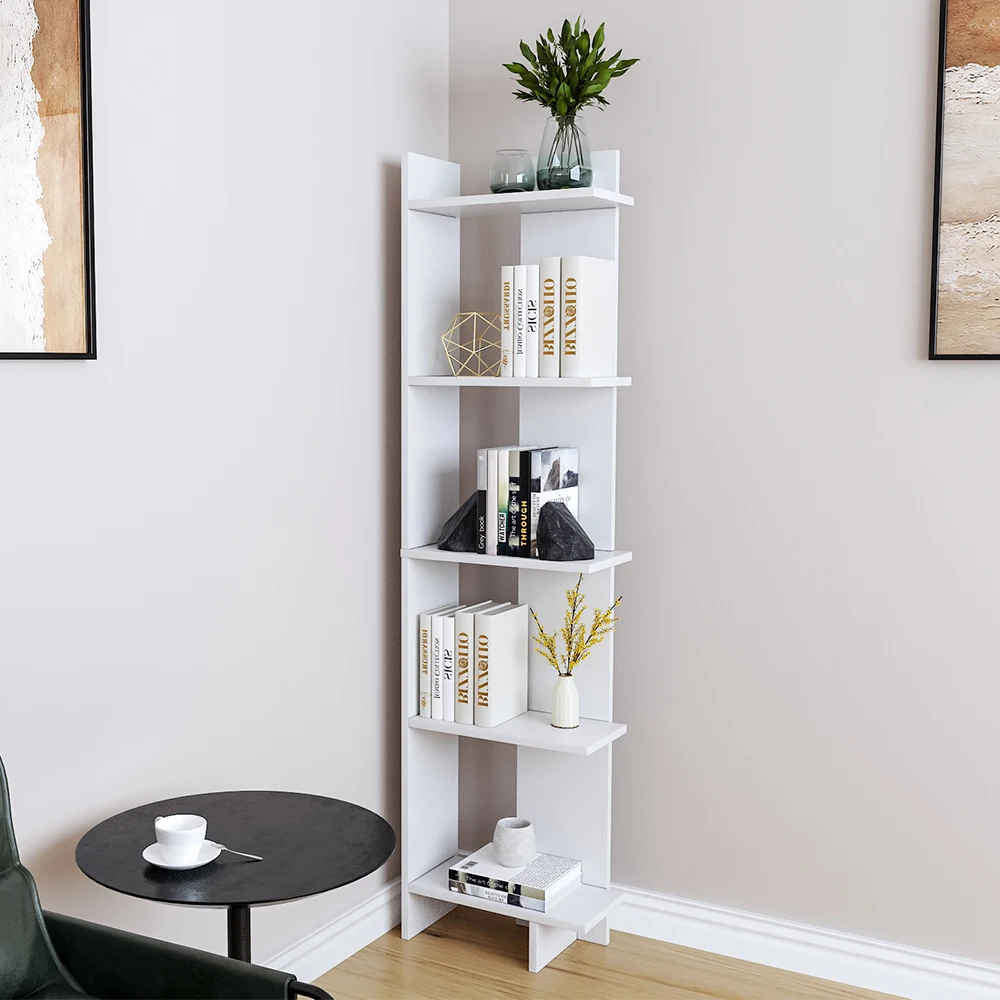 5 Tier Corner Storage Bookshelf Shelving Unit, White