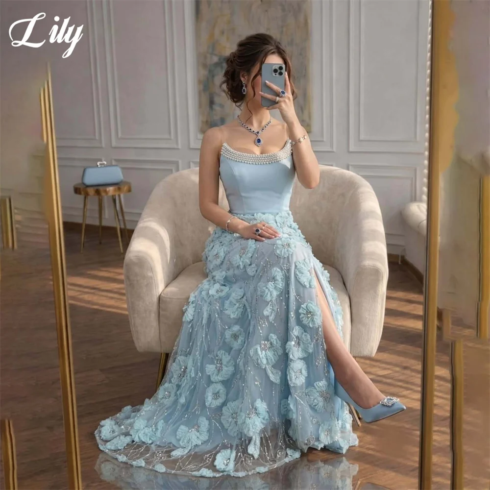 Lily Light Blue Party Dress Pearl Trim Satin Evening Dress 3D Floral Applique Formal Gown Mermaid Prom Gown for Women Customized