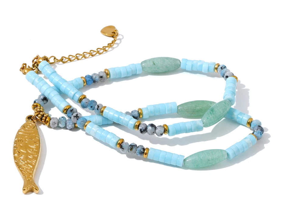 Yhpup Neue Natürliche Aventurin Stein Kette Fisch Halskette Anhänger Edelstahl Sommer Handgemachten Schmuck Geschenk Empfehlen – Detail 5