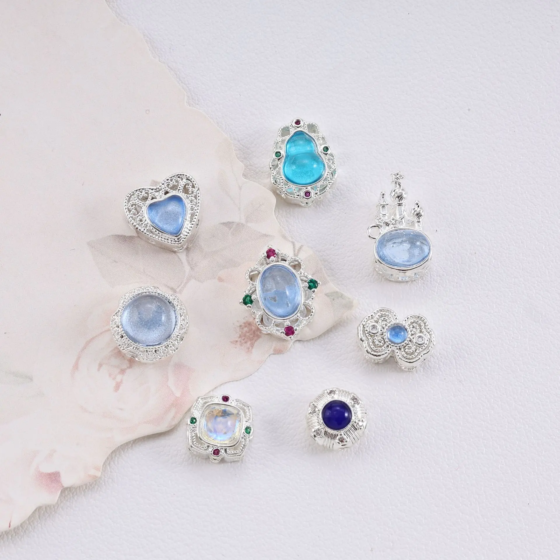 5pcs Copper Plated Silver Multi-pass Inlaid Aquamarine Spacer Beads Diy Bracelet Necklace Beaded Jewelry Accessories Wholesale