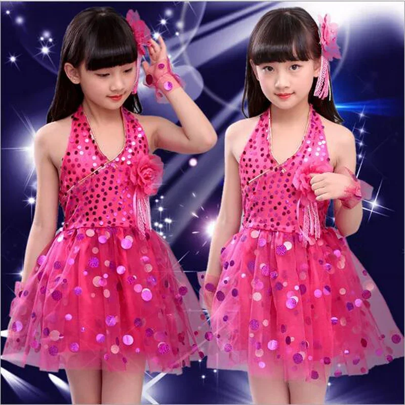 Girls Sequined Latin Dress Tutu Fashion Veil Dancewear Children's Modern Stage Perform Clothes School Girl Group Dancing Dresses