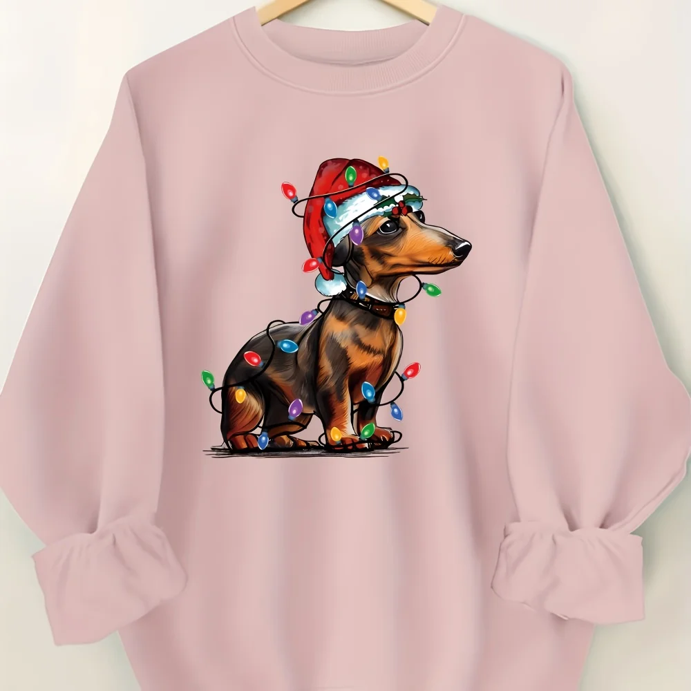 Christmas Style Light String Sausage Dog Pattern Printed Women\'s Hoodie Casual O-neck Pullover Comfortable All Season Top