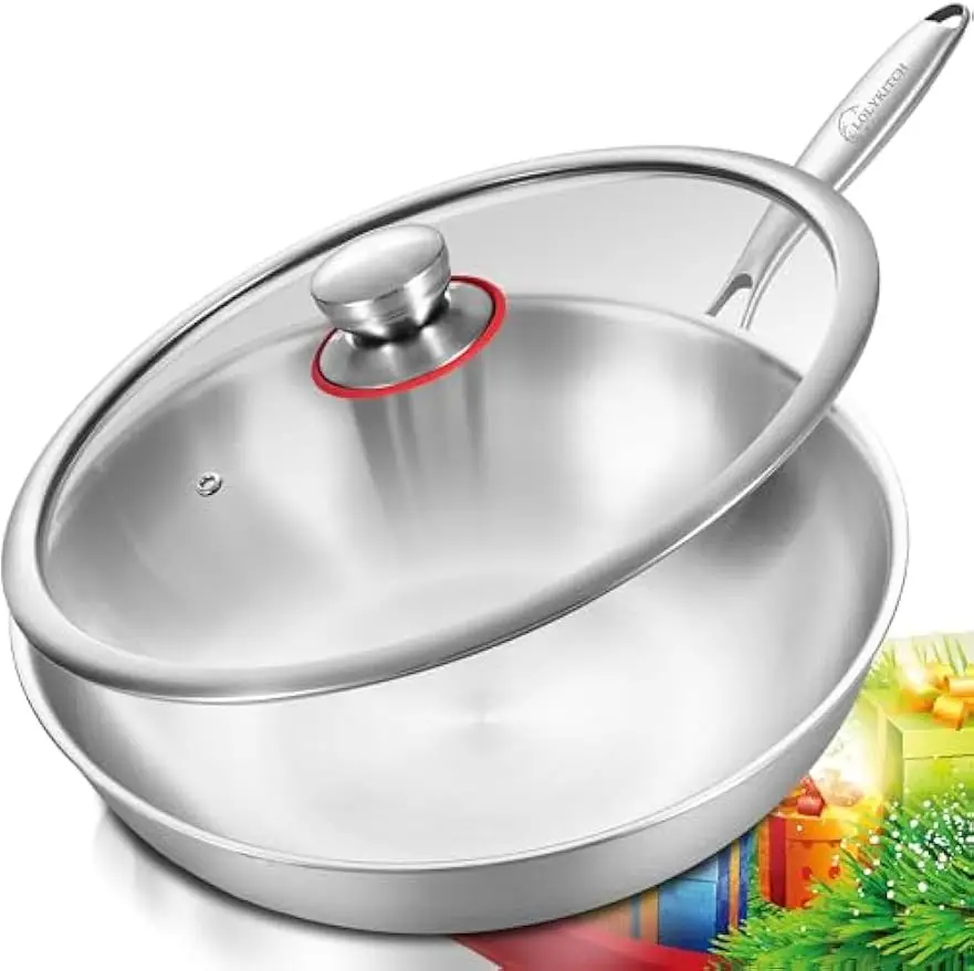 

13-дюймовая сковорода-вок из нержавеющей стали с крышкой, индукционная совместима, можно мыть в посудомоечной машине и в духовке