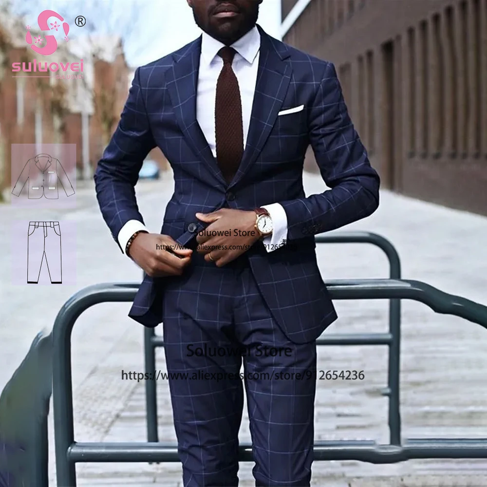 

Fashion Plaid Slim Fit Suits For Men Customized 2 Piece Pants Set African Grooms Wedding Tuxedos Blazer Terno Masculino Completo