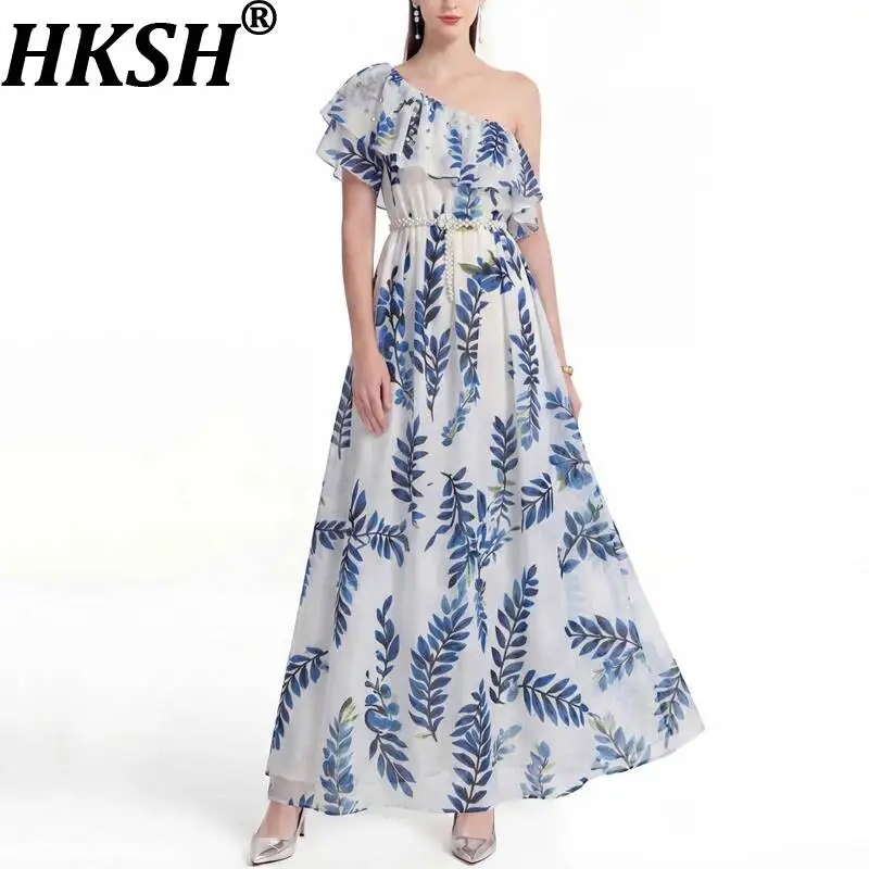 

Женское элегантное длинное платье HKSH с открытыми плечами, короткими рукавами, принтом, плиссировкой и поясом на талии, повседневное летнее платье HK22729